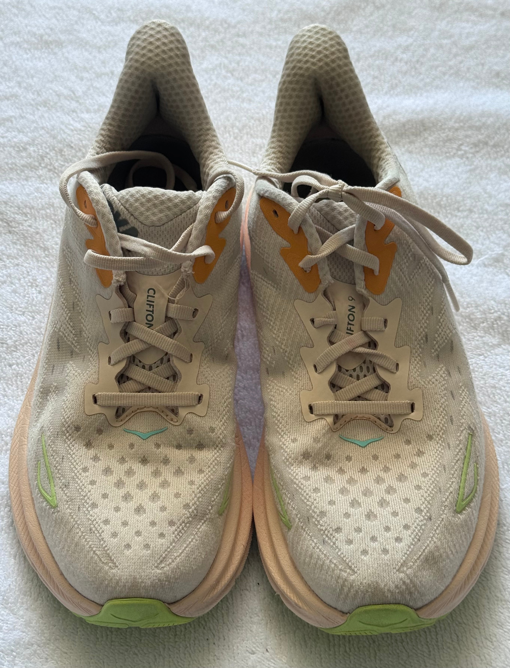 Hoka Clifton 9 Running Shoes Beige Pink Green Womens 9.5